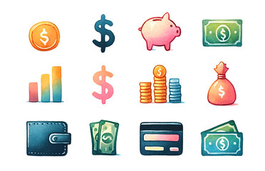 A vibrant collection of watercolor-style financial icons including currency, piggy bank, wallet, and credit card, ideal for banking and savings-related content