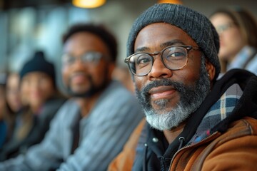 A distinguished middle-aged man with a beard and glasses looking forward in a crowd at an event