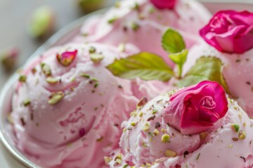 Rose petal ice cream with cardamom vanilla and pistachios Macro photography with shallow depth of field