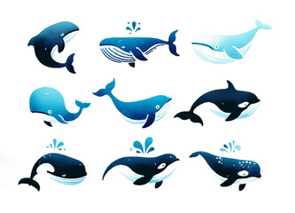 Assorted playful cartoon whales set suitable for World Oceans Day and marine life educational materials, featuring whimsical designs in shades of blue