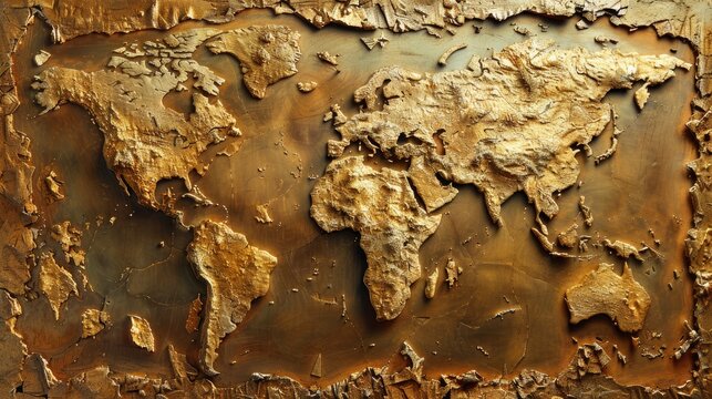 A gold painted map of the world with a brown border. The map is very detailed and has a lot of texture