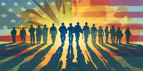 A group of soldiers are standing in a line, with the sun shining on them. The image is a patriotic representation of the military, with the American flag in the background - obrazy, fototapety, plakaty