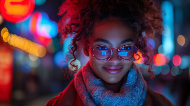 Portrait of a beautiful African woman in a city at night
