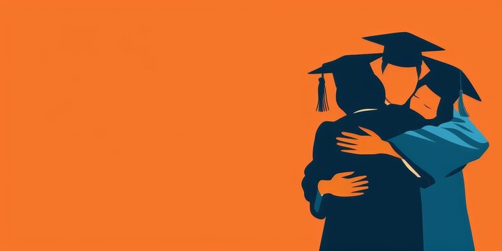 A graduation picture with a man and woman hugging. The man is wearing a cap and gown