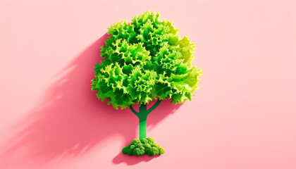 Creative lettuce tree concept on pink background, symbolizing healthy eating and World Vegetarian Day