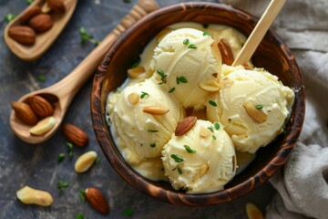 Shahi kulfi with khoya milk and almond served on a stick in a dish top view of Pakistani and Indian ice cream