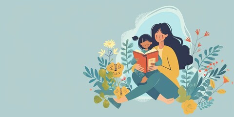 Fototapeta premium A woman and a child are sitting together and reading a book. Concept of warmth and bonding between the two, as they share a moment of learning