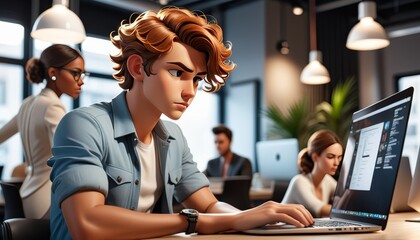 A young man with curly hair intensely focuses on his laptop in a bustling office environment, embodying professionalism and dedication.. AI Generation