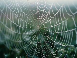 A spider web is shown in a blurry, wet, and misty atmosphere. The web is made of many fine threads, and it is in the middle of a rainstorm. Scene is one of mystery