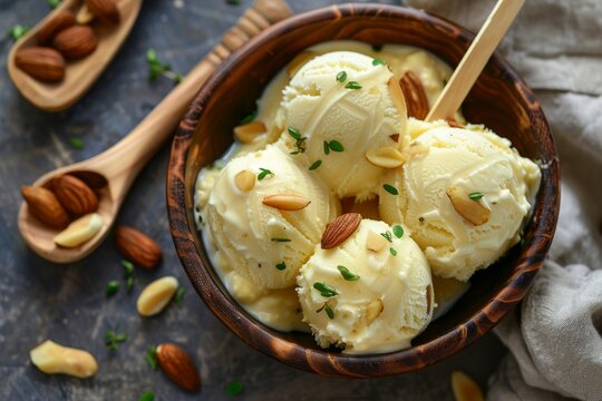 Shahi kulfi with khoya milk and almond served on a stick in a dish top view of Pakistani and Indian ice cream