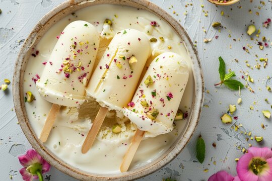 Shahi kulfi with khoya milk pista pistachio stick served in dish isolated on background top view of Pakistani and Indian dessert