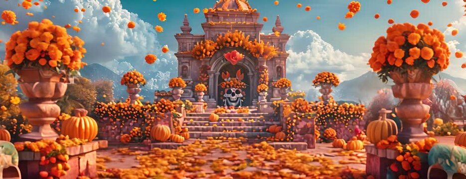 Day of the Dead in Mexico: vibrant altars adorned with marigolds and sugar skulls honor deceased loved ones in a festive display of culture and tradition. Art illustration. 4K Video