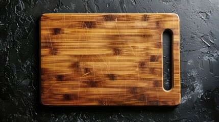 A wooden cutting board with a black background. The board is empty and has a natural wood grain - obrazy, fototapety, plakaty