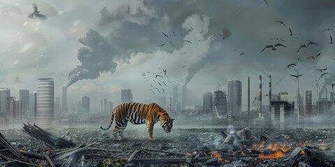 A tiger is walking through a city that is covered in smoke and ash. The sky is dark and gloomy, and the city is in ruins. The tiger is the only living creature in the scene - obrazy, fototapety, plakaty