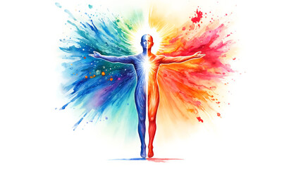 Obraz na płótnie Canvas Abstract illustration of a human silhouette with a radiant chest against a vibrant, multicolored watercolor backdrop, symbolizing creativity and enlightenment