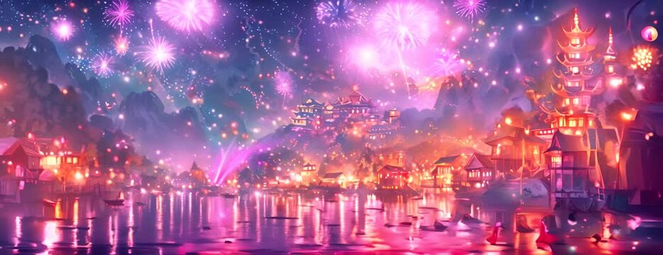 Diwali festival in India: homes and streets are illuminated with colorful lights and fireworks as families come together to celebrate the triumph of light over darkness. Art illustration 4K Video