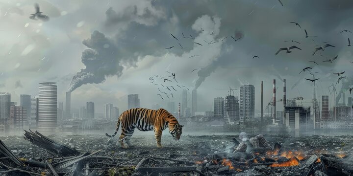 A tiger is walking through a city that is covered in smoke and ash. The sky is dark and gloomy, and the city is in ruins. The tiger is the only living creature in the scene