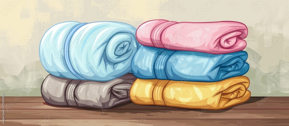 Aufkleber a stack of textile towels in magenta and electric blue colors is neatly arranged on a wooden table. 