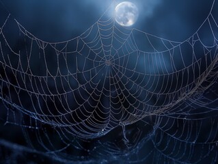 A spider web is shown in the dark with a full moon in the background. The spider web is covered in dew and the moon is shining brightly