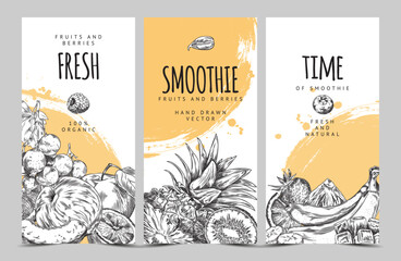 Tropical fruits and berries smoothie sketch on flyers vector design, organic natural food hand drawn on watercolor stain