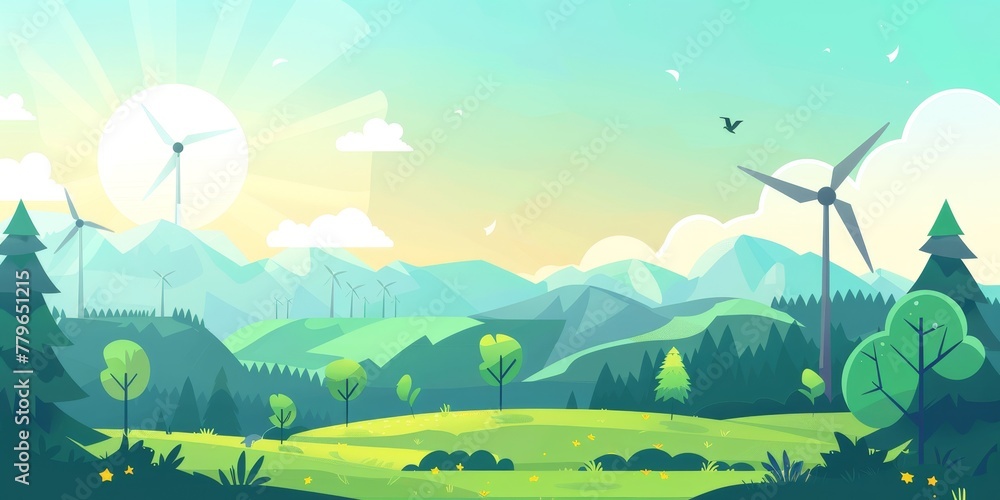 Poster a green field with a mountain in the background and a windmill in the foreground. the windmill is su