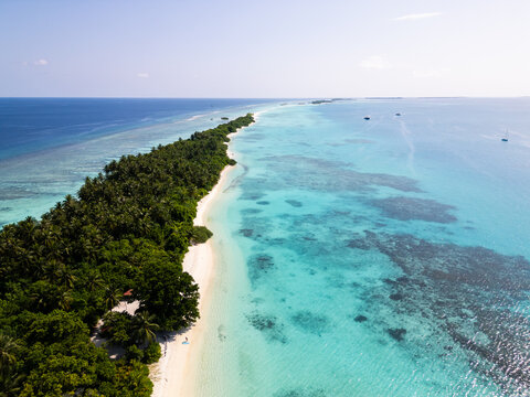 Aerial view of the Dhigurah island in the Maldives famous for its long white sand beach lined with palm trees in the south Ari atoll