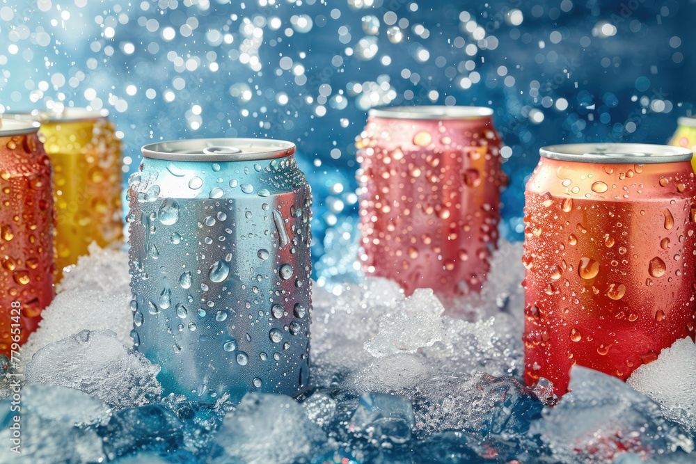 Poster a row of colorful cans of soda are sitting on top of a pile of ice. the cans are all different color