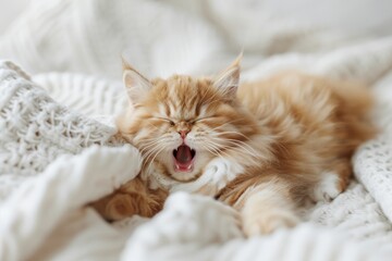 Sleepy Persian cat yawning on white blanket with copy space and selective focus