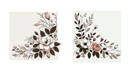 Corner frames made of roses, rose hips and leaves in decadent style, in brown and rosy tones, made in a vector style, with empty space for your text
