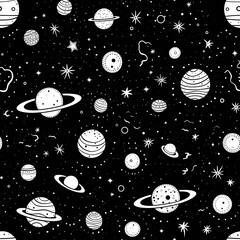 Outer Space Seamless Pattern, Monochrome Planets and Stars, Celestial Background
