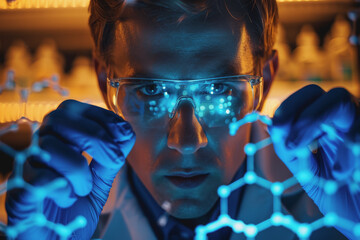 Doctor-scientist hands touch virtual molecular structures in a science lab.