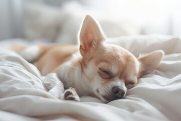 Small sleepy chihuahua napping on bed in bedroom with morning light trying to rest and relax on cozy weekend