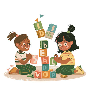 children playing Language and literacy toys (including alphabet blocks storytelling puppets