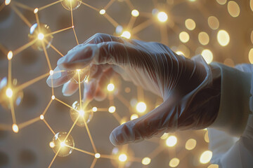 Doctor-scientist hands touch virtual molecular structures in a science lab.