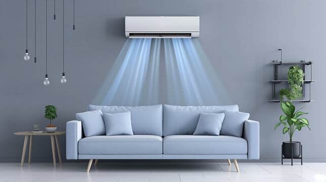 A modern wall-mounted split air conditioner delivers cool air to an elegant living room with a minimalist design and stylish decor.