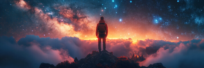traveler man standing on top of mountain on background of a starry night sky with a bright colorful Milky way and stars - obrazy, fototapety, plakaty