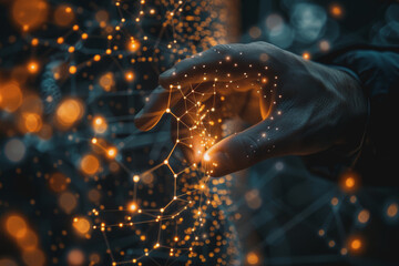 Doctor-scientist hands touch virtual molecular structures in a science lab.