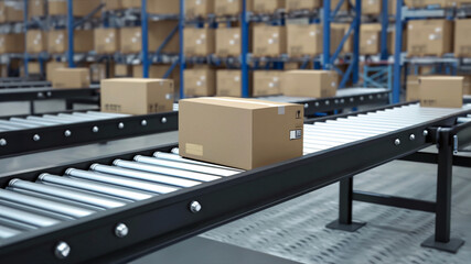 Multiple cardboard boxes travel down conveyor belts in a busy warehouse, showcasing the well-coordinated system of automation that drives modern logistics, distribution, and supply chain management