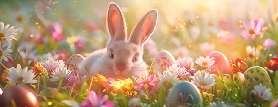 Happy Easter card with easter eggs garland and rabbit.art illustration 4K Video