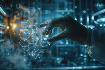 Doctor-scientist hands touch virtual molecular structures in a science lab.