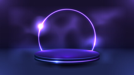 A dark podium for product advertising with a neon circle on the background