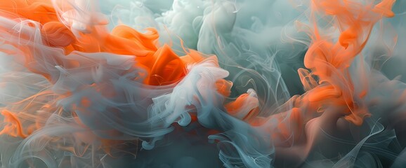 Vibrant tangerine smoke weaving through a mesmerizing background of mint green and steel gray. - obrazy, fototapety, plakaty