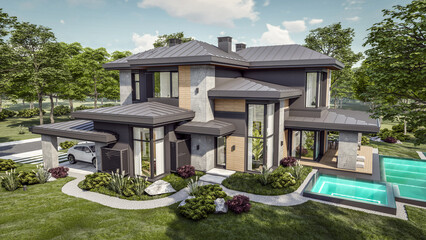 3d rendering of modern two story house with gray and wood accents, large windows, parking space in the right side of the building, surrounded by trees and bushes, green grass on lawn, daylight