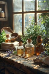 An artistic composition of essential oils and herbal treatments in a tranquil wellness retreat setting ,hyper-realistic photography