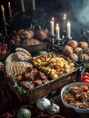 A pirate ship dinner party, with a treasure chest of exotic foods ,hyper-realistic photography