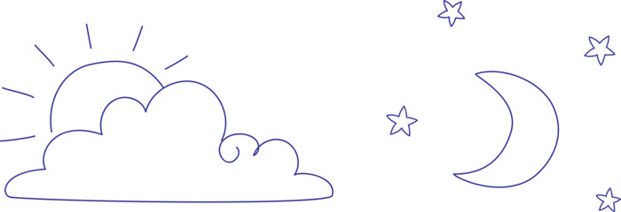 Sun and cloud line drawing. Moon and stars doodle icon