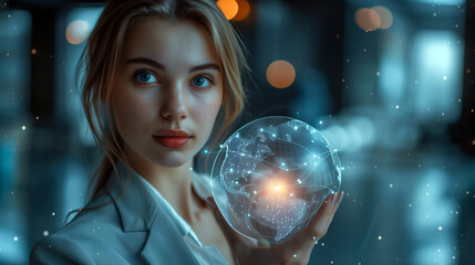 Naklejka premium Young Innovator Engaging with Digital World, Holographic Interface Concept