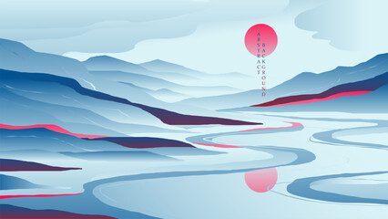 Sunrise over an abstract mountain landscape in an abstract oriental style