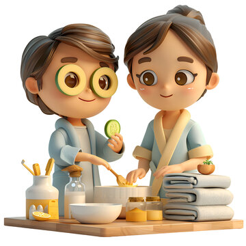 A 3D animated cartoon render of a child wearing cucumber slices on their eyes while their mother gives them a massage.