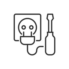 Repair electrician, linear icon, socket and screwdriver. Line with editable stroke